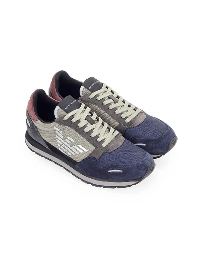 Shop Emporio Armani Grey Blue Burgundy Sneaker In Grigio/blu (grey)
