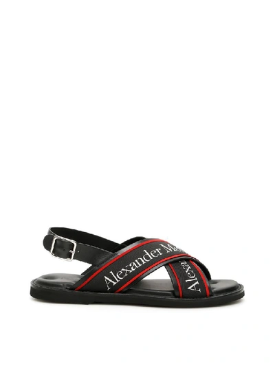 Shop Alexander Mcqueen Logo Sandals In Black Black Silver (black)