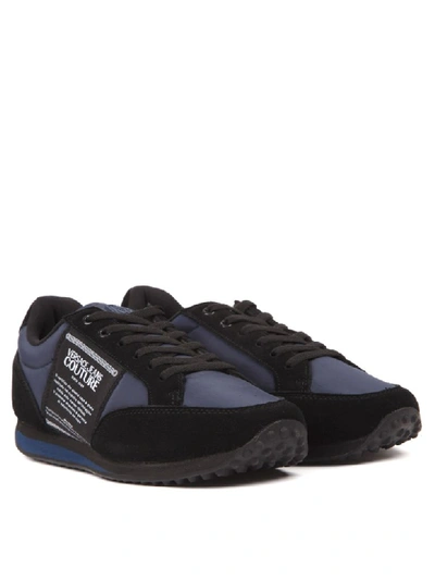 Shop Versace Jeans Couture Black Suede & Blue Fabric Sneakers With Logo Label In Black/blue