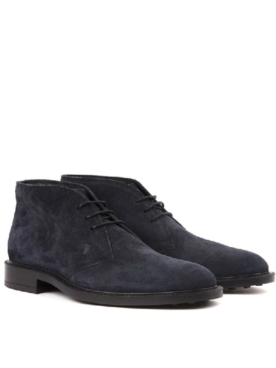 Shop Tod's Dark Blue Suede Laced Up Shoes