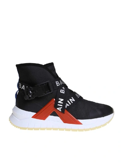 Shop Balmain B-troop Sneakers In Stretch Fabric In Black/red