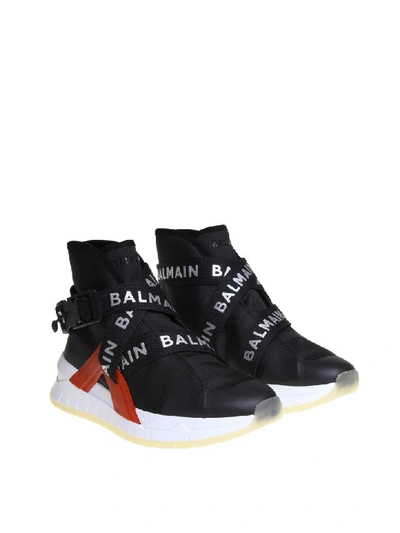 Shop Balmain B-troop Sneakers In Stretch Fabric In Black/red