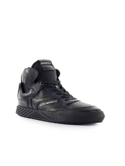 Shop Emporio Armani Black Leather High Sneaker In Nero (black)