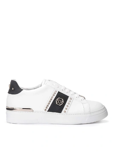 Shop Philipp Plein Lo-top Sneaker In White Leather With Side Studs In Bianco