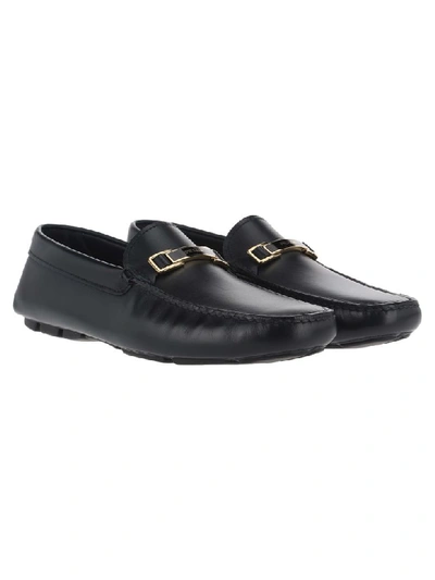 Shop Prada Leather Driver Loafers In Navy Blue