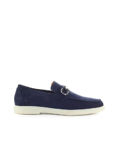 Shop Santoni Navy Suede Loafer With Snaffle In Navy (blue)