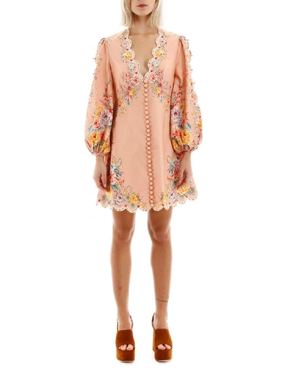 Shop Zimmermann Zinnia Mini Dress In Coral Floral (pink)