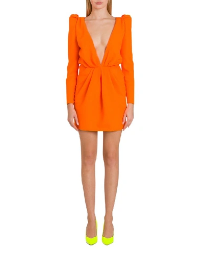 Shop Saint Laurent Plunging V-neck Fluo Mini Dress In Gabardine In Arancio