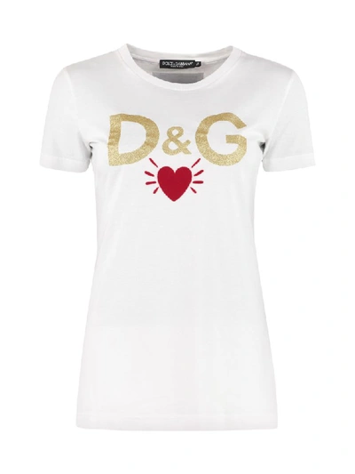 Shop Dolce & Gabbana Glitter Logo Cotton T-shirt In White