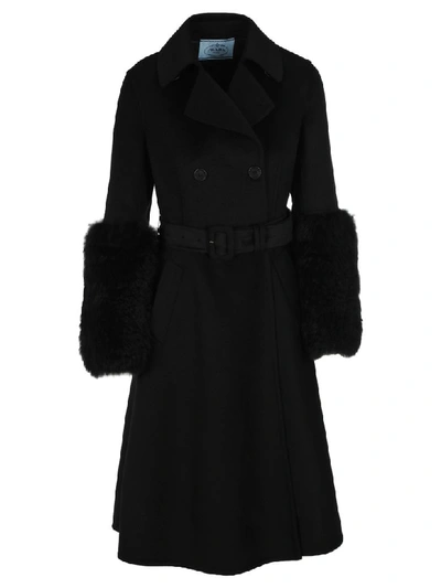 Shop Prada A-line Belted Coat In Black