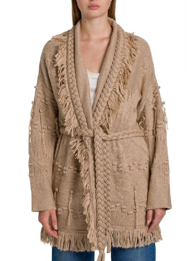 Shop Alanui Icon Fisherman Wool Cardigan In Beige