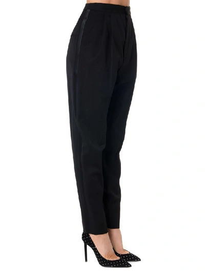 Shop Saint Laurent High Waisted Black Wool Trousers With Satin Stripes