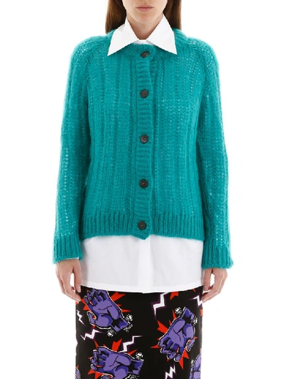 Shop Prada Ribbed Cardigan In Smeraldo (green)