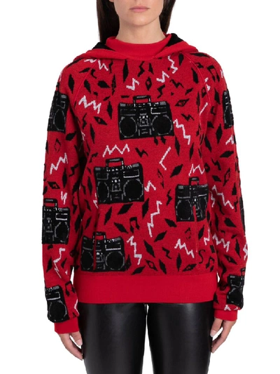 Shop Saint Laurent Maglia Con Cappuccio Jacquard Radio Oversiz In Rosso