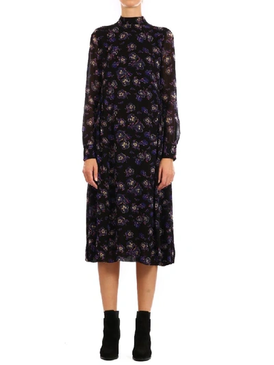 Shop Ganni Printed Georgette Midi Dress In Black