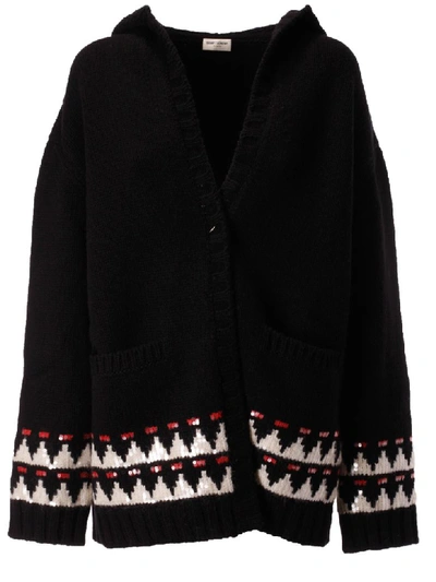 Shop Saint Laurent Hooded Knit Cardigan In Black/rouge