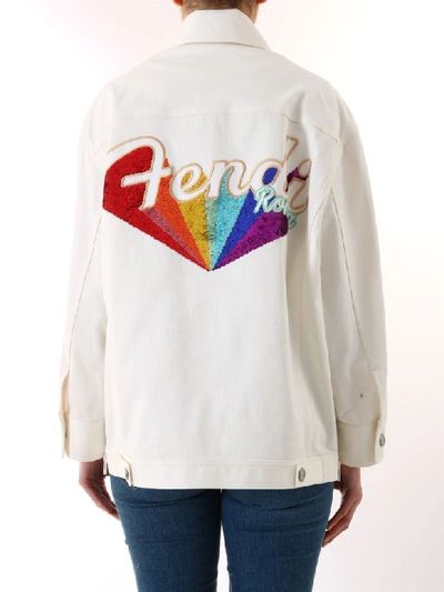 Shop Fendi Denim Jacket Sequins Logo In White