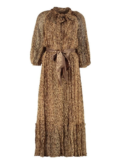 Shop Zimmermann Espionage Long Silk Dress With Ruffle In Brown