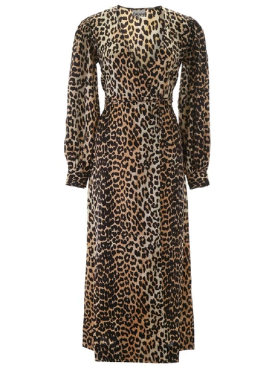 Shop Ganni Leopard-printed Wrap Dress In Leopard (beige)