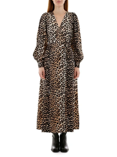 Shop Ganni Leopard-printed Wrap Dress In Leopard (beige)