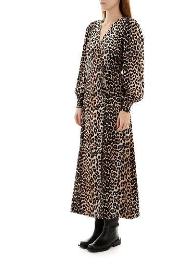 Ganni Leopard-print Crepe De Chine Wrap Dress In Beige,black | ModeSens