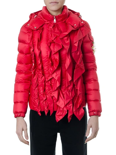 Shop Moncler Genius Red Down Jacket With Frontal Ruffles