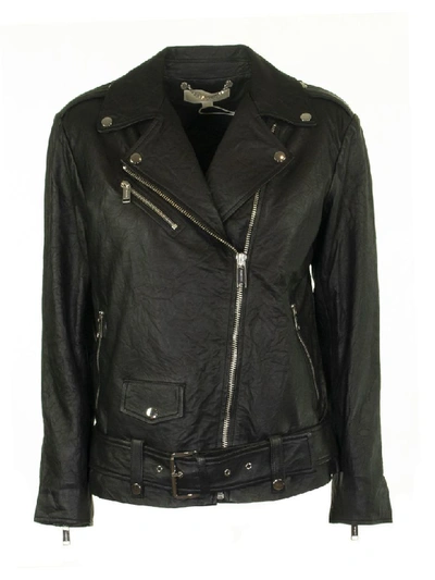 Shop Michael Kors Crinkled Leather Moto Jacket Black