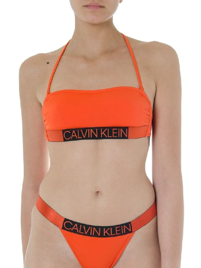 Calvin Klein Orange Top Bikini With Logo In Orange/black | ModeSens