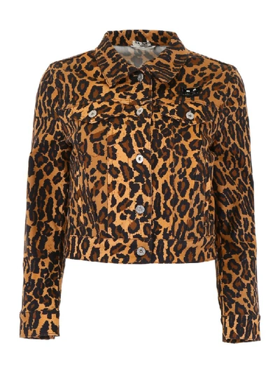 Shop Miu Miu Leopard-printed Denim Jacket In Kaki (beige)