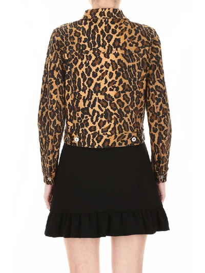 Shop Miu Miu Leopard-printed Denim Jacket In Kaki (beige)