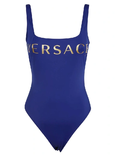 Shop Versace Logo Print Swimsuit In Blue