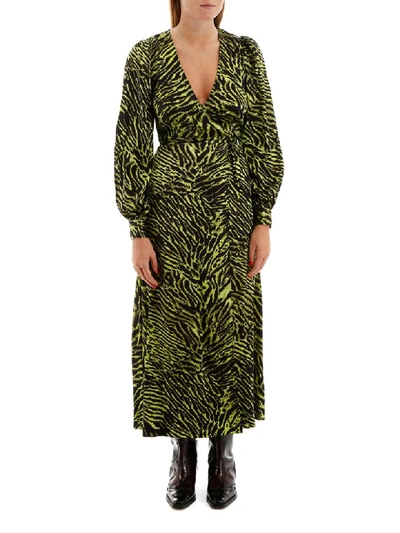 Shop Ganni Zebra-printed Wrap Dress In Lime Black (green)