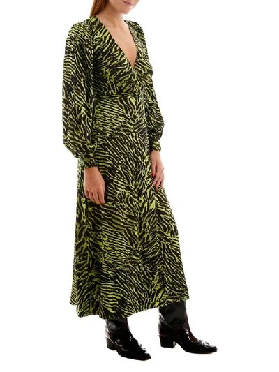 Shop Ganni Zebra-printed Wrap Dress In Lime Black (green)