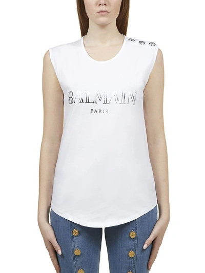 Shop Balmain Logo Print Tank Top In Bianco Argento