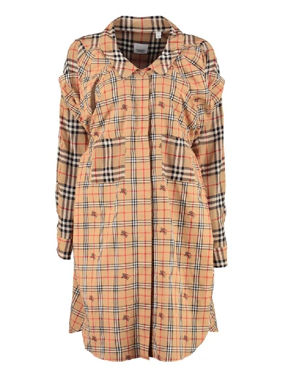 Shop Burberry Checked Cotton Shirtdress In Beige