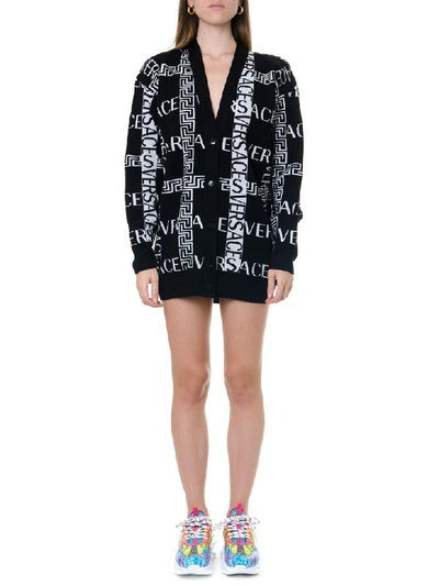 Shop Versace Black Wool Greca Logo Cardigan In Black/white