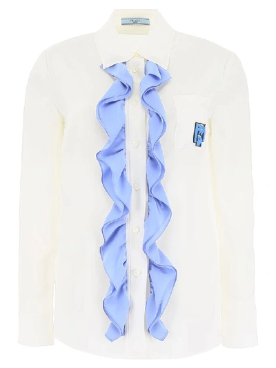 Shop Prada Ruffled Silk Shirt With Logo In Avorio Pervinca (white)