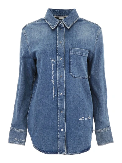 Shop Stella Mccartney Denim Shirt With Embroidered Writing In Mid Blue (light Blue)