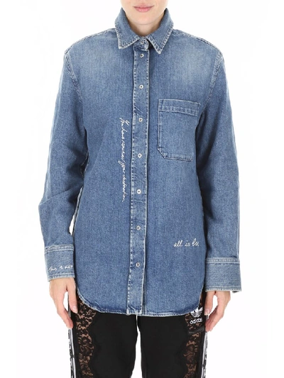 Shop Stella Mccartney Denim Shirt With Embroidered Writing In Mid Blue (light Blue)