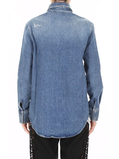 Shop Stella Mccartney Denim Shirt With Embroidered Writing In Mid Blue (light Blue)