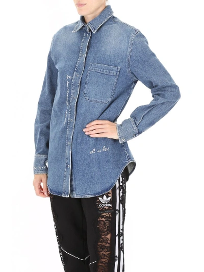 Shop Stella Mccartney Denim Shirt With Embroidered Writing In Mid Blue (light Blue)