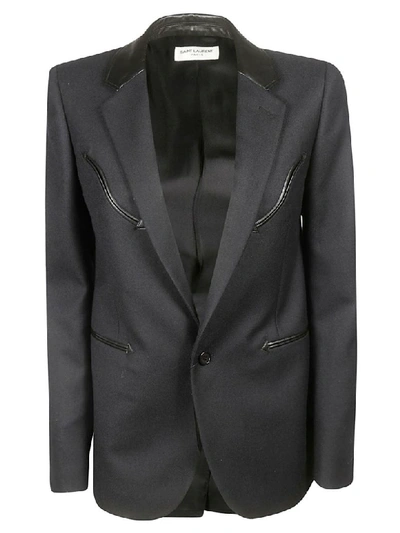 Shop Saint Laurent Leather Detail Blazer In Black