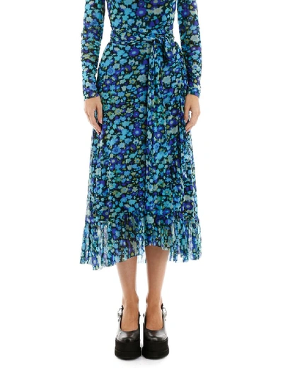 Shop Ganni Floral Printed Skirt In Azure Blue (blue)