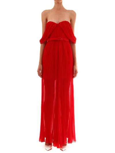 Shop Self-portrait Off Shoulder Pleated Jumpsuit In Red