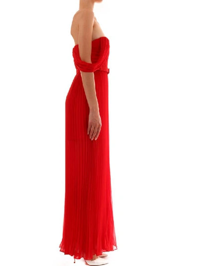 Shop Self-portrait Off Shoulder Pleated Jumpsuit In Red