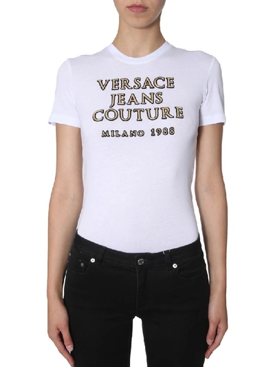 Shop Versace Jeans Couture Logo Embossed T-shirt In Bianco