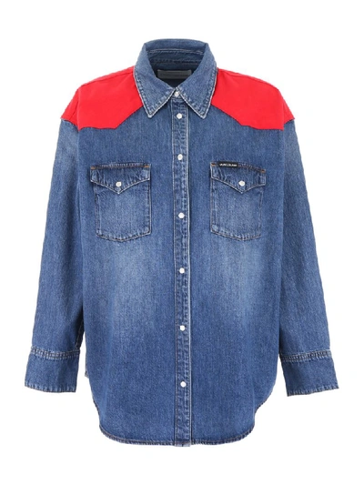 Shop Calvin Klein Jeans Est.1978 Western Denim Shirt With Inserts In Mid Stone And Red (blue)