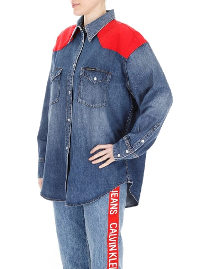 Shop Calvin Klein Jeans Est.1978 Western Denim Shirt With Inserts In Mid Stone And Red (blue)
