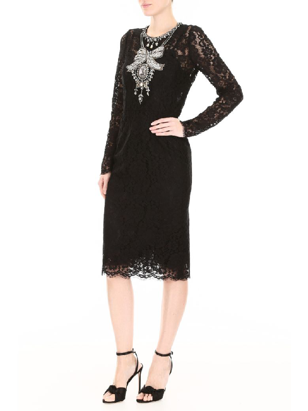Dolce And Gabbana Lace Dress With Crystals In Black Modesens