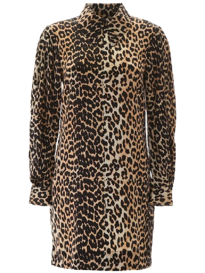Shop Ganni Leopard Mini Dress In Leopard (beige)